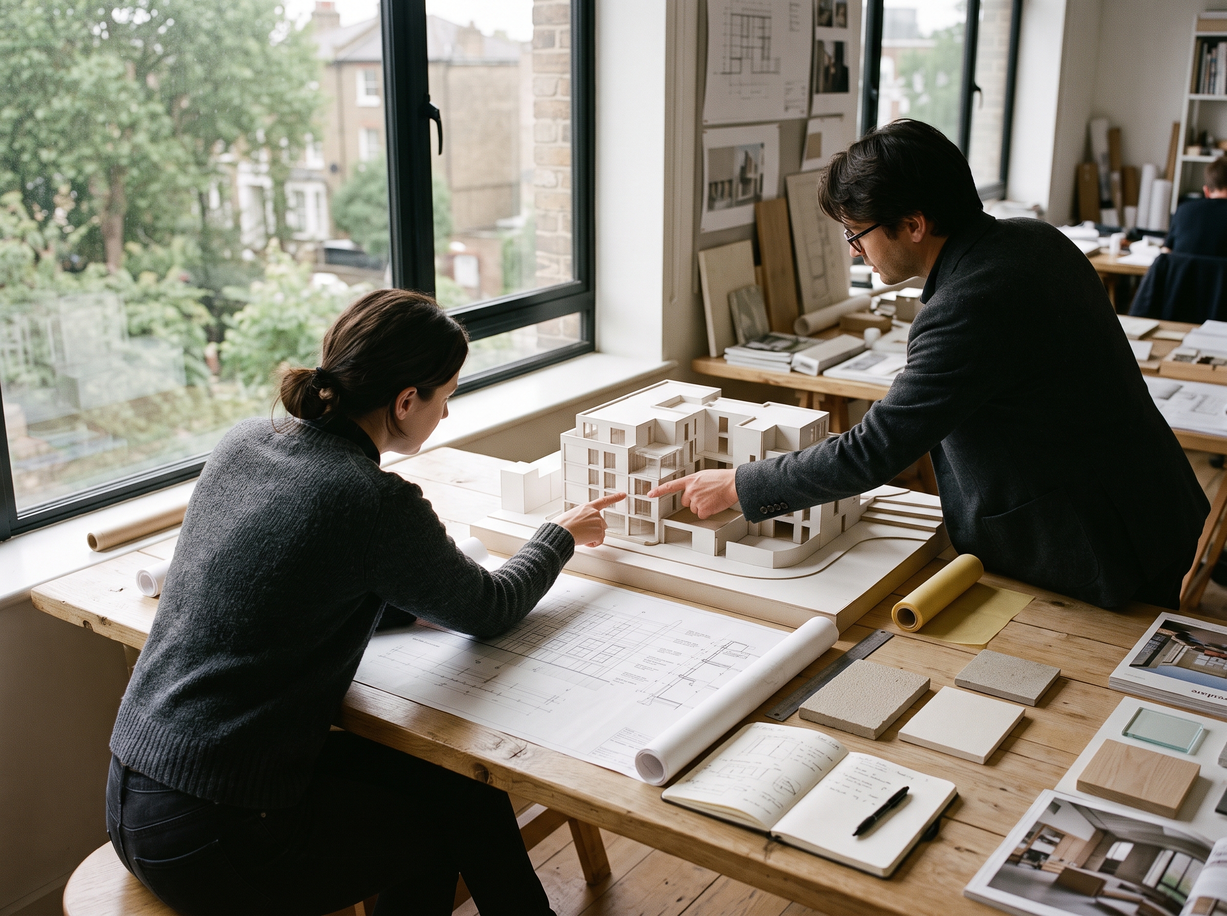 Les associés de l'agence en revue de façade autour d'une maquette d'étude, atelier Faber+Kieffer