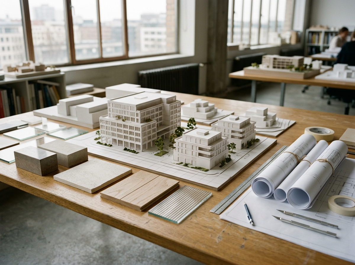 Table de travail de l'atelier : maquettes blanches d'immeubles de bureaux et échantillons de façade
