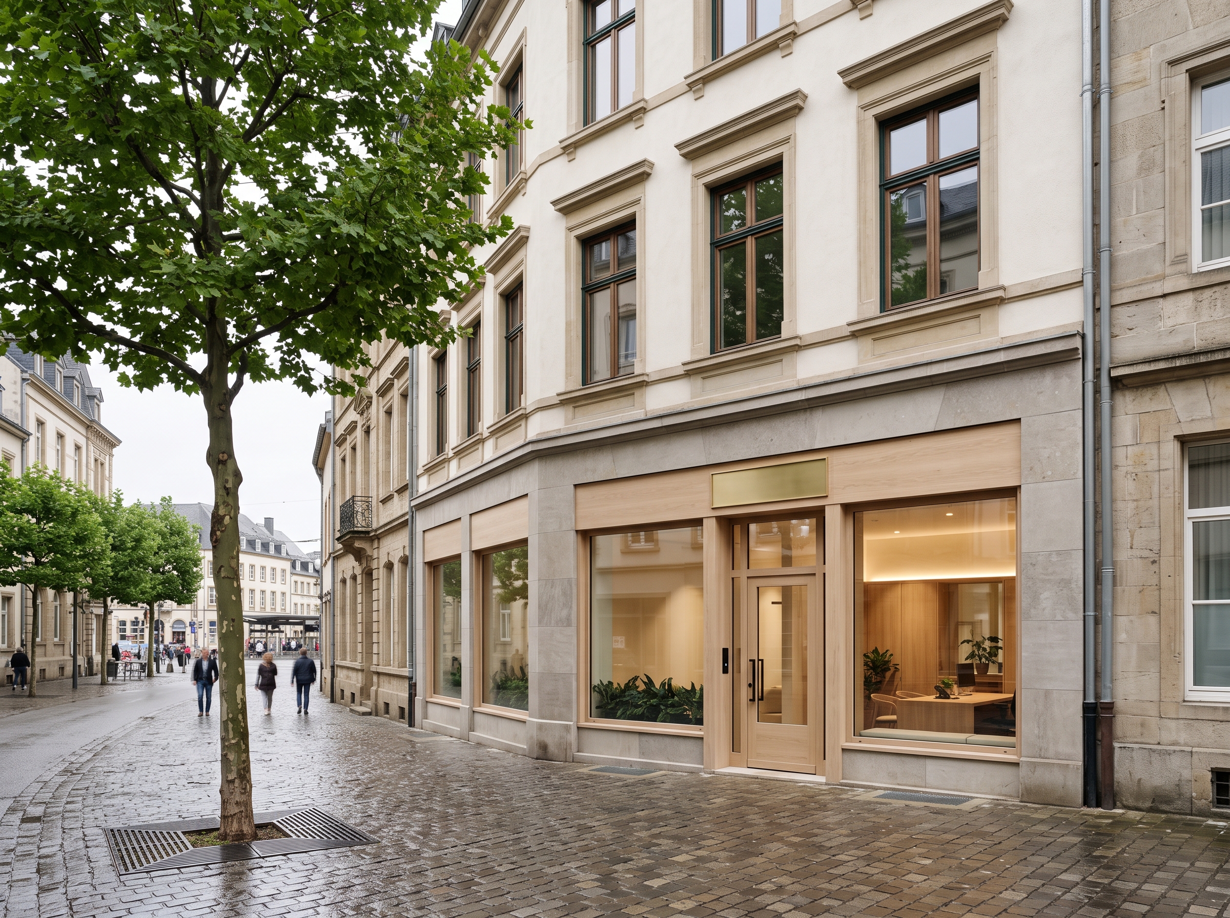 Façade rénovée de Royal 26, lames d'aluminium ton bronze sur structure conservée