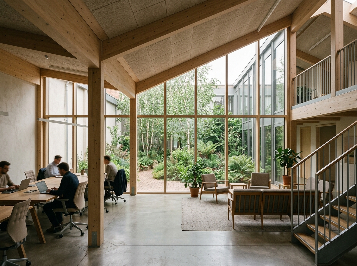 Intérieur du campus Terres Rouges, structure bois apparente et espace de travail partagé