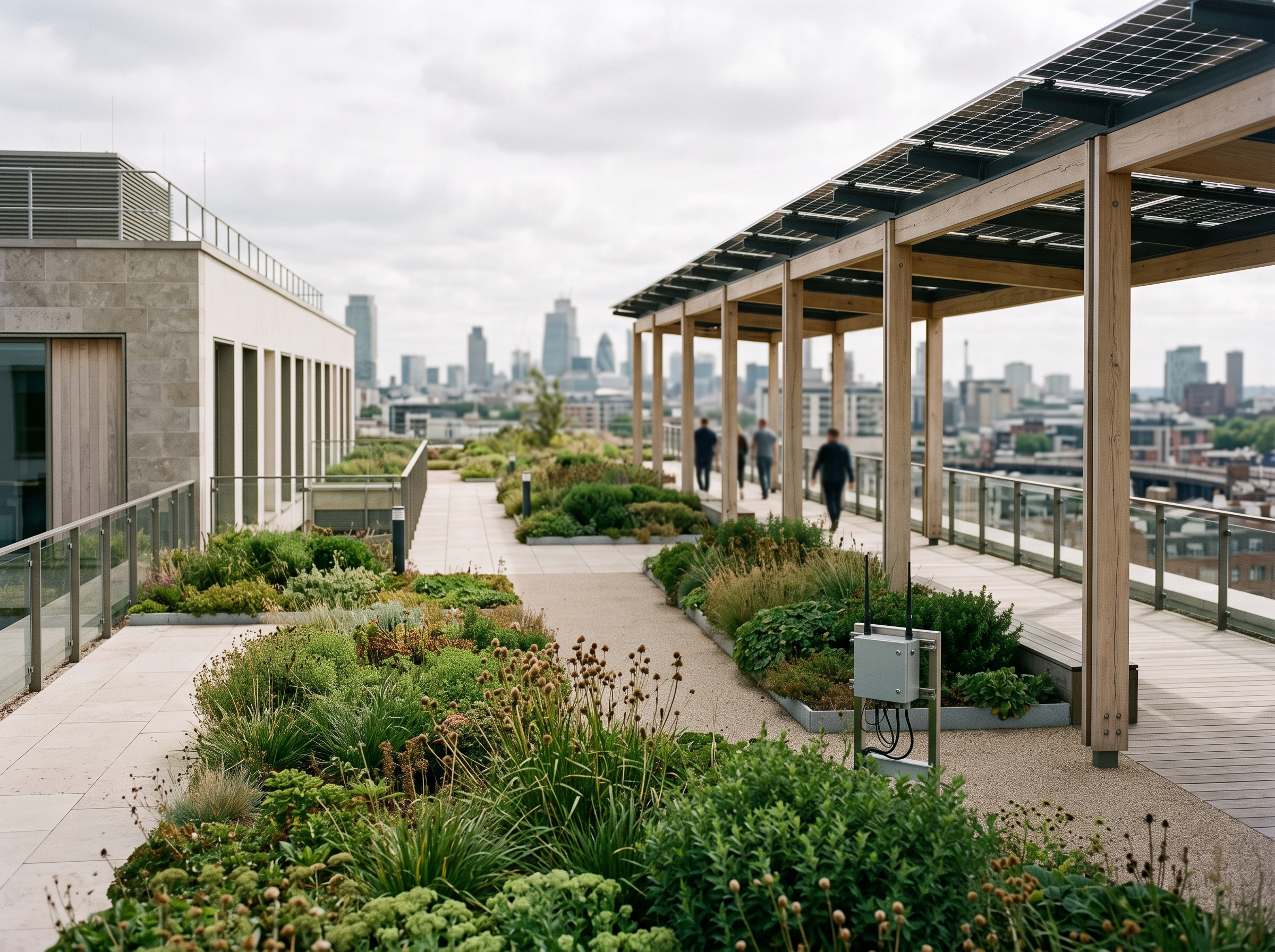Toiture d'Horizon III avec pergola photovoltaïque et végétalisation extensive