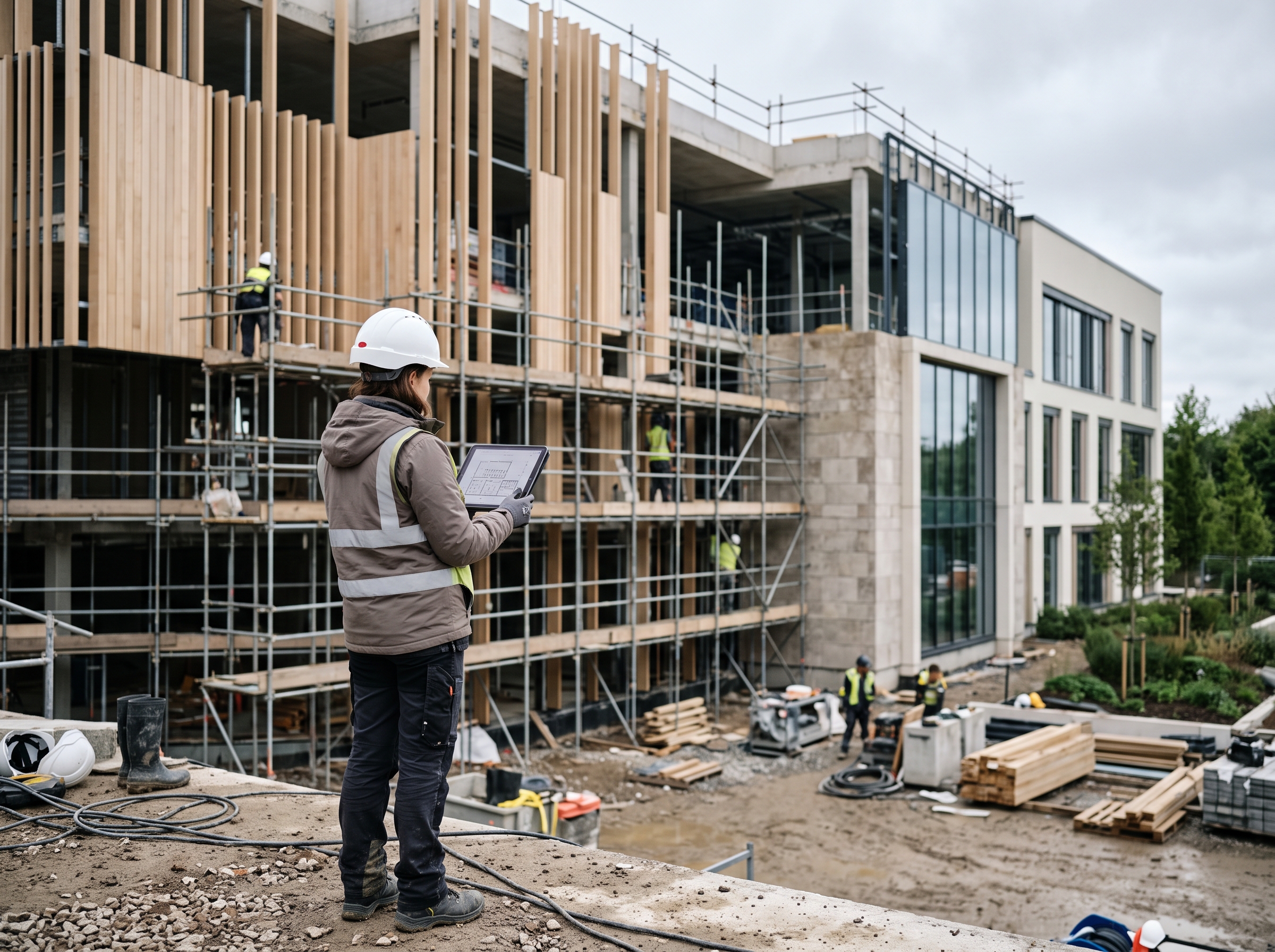 Architecte en revue de chantier sur une façade en cours d'installation