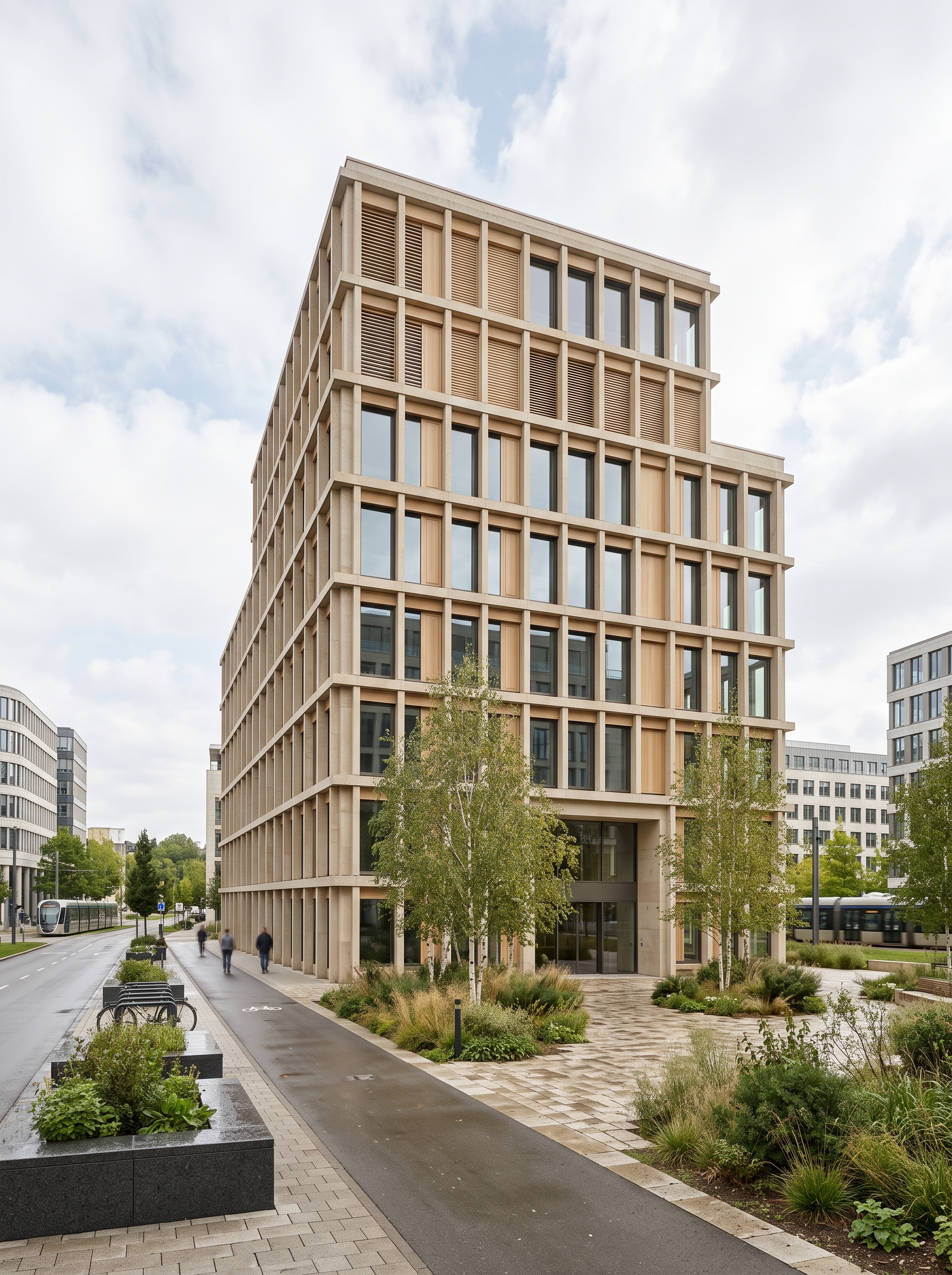 Siège social basse consommation au Kirchberg : façade en pierre claire, brise-soleil en chêne et triple vitrage