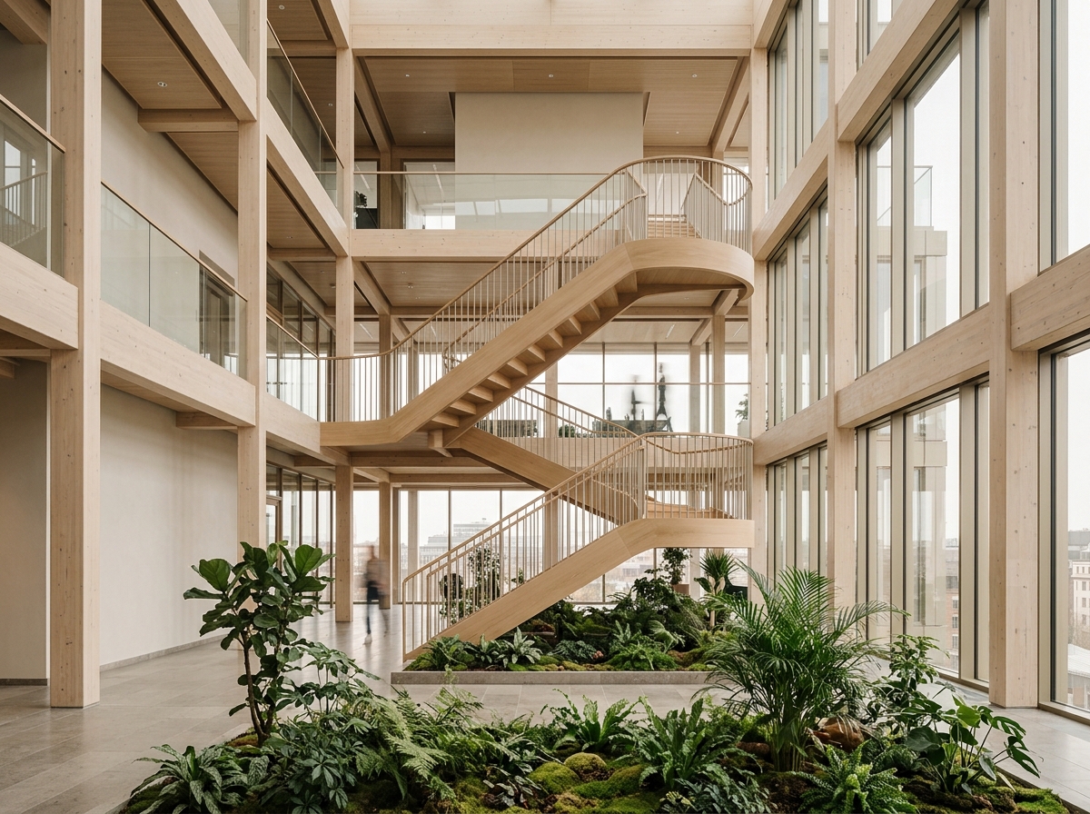 Atrium de bureaux baigné de lumière naturelle, structure bois apparente et jardin intérieur
