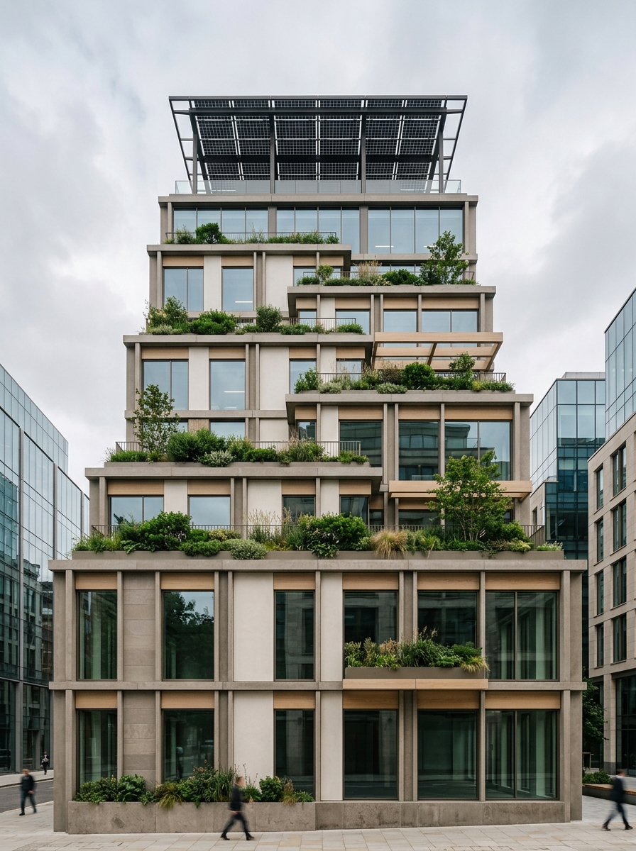 Immeuble Horizon III à la Cloche d'Or : terrasses plantées en gradins et pergola photovoltaïque